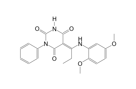 (5E)-5-[1-(2,5-dimethoxyanilino)propylidene]-1-phenyl-2,4,6(1H,3H,5H)-pyrimidinetrione