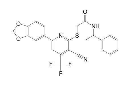 2-{[6-(1,3-benzodioxol-5-yl)-3-cyano-4-(trifluoromethyl)-2-pyridinyl]sulfanyl}-N-(1-phenylethyl)acetamide