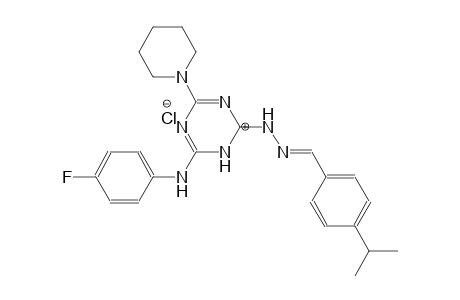 (1E,2E)-1-(6-((4-fluorophenyl)amino)-4-(piperidin-1-yl)-1,3,5-triazin-2(1H)-ylidene)-2-(4-isopropylbenzylidene)hydrazin-1-ium chloride