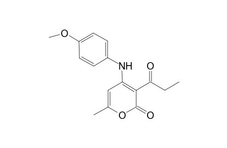 2H-Pyran-2-one, 4-[(4-methoxyphenyl)amino]-6-methyl-3-(1-oxopropyl)-