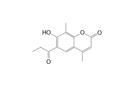 2H-1-benzopyran-2-one, 7-hydroxy-4,8-dimethyl-6-(1-oxopropyl)-