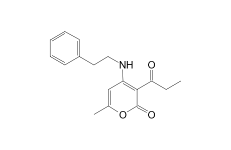 2H-Pyran-2-one, 6-methyl-3-(1-oxopropyl)-4-[(2-phenylethyl)amino]-
