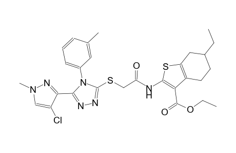 ethyl 2-[({[5-(4-chloro-1-methyl-1H-pyrazol-3-yl)-4-(3-methylphenyl)-4H-1,2,4-triazol-3-yl]sulfanyl}acetyl)amino]-6-ethyl-4,5,6,7-tetrahydro-1-benzothiophene-3-carboxylate