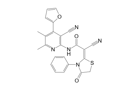 (E)-2-[2-cyano-2-(4-oxo-3-phenylthiazolidin-2-ylidene)-acetylamino]5,6-dimethyl-4-(furan-2yl)pyridine-2-yl-3-carbonitrile