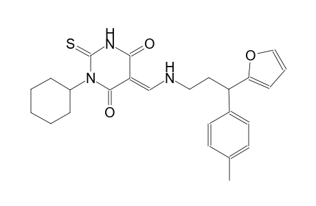 (5E)-1-cyclohexyl-5-({[3-(2-furyl)-3-(4-methylphenyl)propyl]amino}methylene)-2-thioxodihydro-4,6(1H,5H)-pyrimidinedione