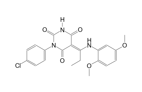 (5E)-1-(4-chlorophenyl)-5-[1-(2,5-dimethoxyanilino)propylidene]-2,4,6(1H,3H,5H)-pyrimidinetrione