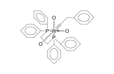 (Mer)-phenylethylidyne-(1,2-diphenylphosphino-ethylene) tungsten tricarbonyl cation
