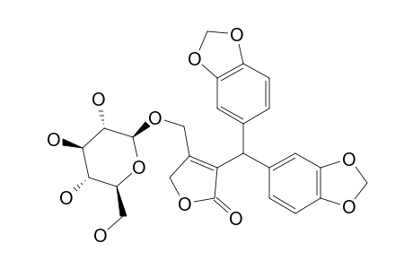 JUSPURPURIN;3-[BIS-(3,4-METHYLENEDIOXYPHENYL)-METHYL]-4-(BETA-D-GLUCOPYRANOSYLOXY)-METHYL)-(2(5H)-FURANONE