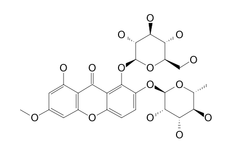 KOUITCHENSIDE_J;7-O-(ALPHA-L-RHAMNOPYRANOSYL)-8-O-(BETA-D-GLUCOPYRANOSYL)-1-HYDROXY-3-METHOXYXANTHONE