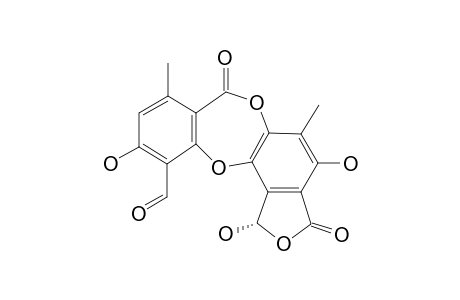 NORSTICTIC-ACID;1,4,10-TRIHYDROXY-5,8-DIMETHYL-3,7-DIOXO-1,3-DIHYDRO-7H-2,6,12-TRIOXABENZO-[5,6]-CYCLOHEPTA-[1,2-E]-INDENE-11-CARBALDEHYDE