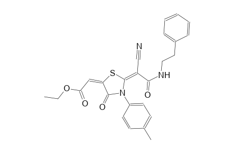 ethyl (2E)-[(2E)-2-{1-cyano-2-oxo-2-[(2-phenylethyl)amino]ethylidene}-3-(4-methylphenyl)-4-oxo-1,3-thiazolidin-5-ylidene]ethanoate