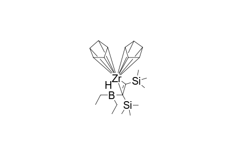 (Biscyclopentadienylzirconium)(bis(trimethylsilyl)ethenyl)(.mu.-hydro)(diethylboronium) complex