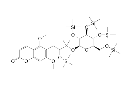 2H-1-Benzopyran-2-one, 6-(3-(.beta.-D-glucopyranosyloxy)-2-hydroxy-3-methylbutyl)-5,7-dimethoxy-, 5tms derivative