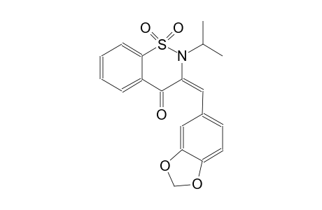 4H-1,2-benzothiazin-4-one, 3-(1,3-benzodioxol-5-ylmethylene)-2,3-dihydro-2-(1-methylethyl)-, 1,1-dioxide, (3E)-
