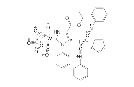 Pentacarbonyl{1-phenyl-4-carbethoxy-5-[(eta-cyclopentadienyl)bis(phenylisocyanide)ferrio]-imidazolin-2-ylidene}tungsten