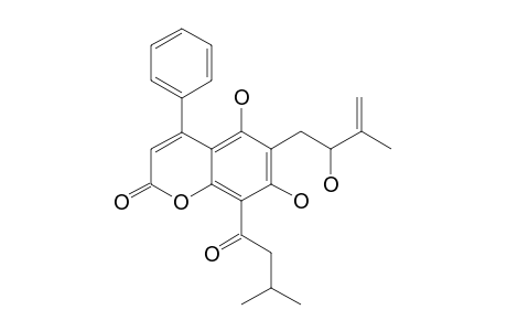 ISODISPARINOL-A;5,7-DIHYDROXY-6-(2''-HYDROXY-3''-METHYLBUT-3''-ENYL)-8-(3'''-METHYL-1'''-OXOBUTYL)-4-PHENYL-2H-BENZOPYRAN-2-ONE