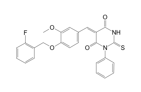 (5Z)-5-[4-(2-fluorobenzyl)oxy-3-methoxy-benzylidene]-1-phenyl-2-thioxo-hexahydropyrimidine-4,6-quinone