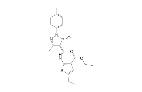 ethyl 5-ethyl-2-({(E)-[3-methyl-1-(4-methylphenyl)-5-oxo-1,5-dihydro-4H-pyrazol-4-ylidene]methyl}amino)-3-thiophenecarboxylate
