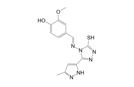 2-methoxy-4-((E)-{[3-(3-methyl-1H-pyrazol-5-yl)-5-sulfanyl-4H-1,2,4-triazol-4-yl]imino}methyl)phenol