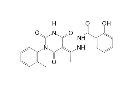 2-hydroxy-N'-[(1E)-1-(1-(2-methylphenyl)-2,4,6-trioxotetrahydro-5(2H)-pyrimidinylidene)ethyl]benzohydrazide