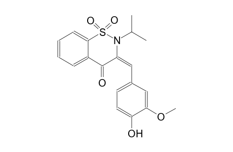 4H-1,2-benzothiazin-4-one, 2,3-dihydro-3-[(4-hydroxy-3-methoxyphenyl)methylene]-2-(1-methylethyl)-, 1,1-dioxide, (3E)-