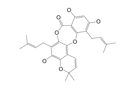 OLIVERIDEPSIDONE-C;1,3,10-TRIHYDROXY-8,8-DIMETHYL-4,11-BIS-(3-METHYL-2-BUTEN-1-YL)-8H,13H-[1,4]-BENZODIOXEPINO-[2,3-D]-BENZOPYRAN-13-ONE