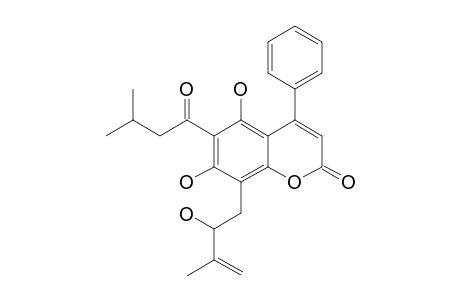 DISPARINOL-A;5,7-DIHYDROXY-8-(2'''-HYDROXY-3'''-METHYLBUT-3'''-ENYL)-6-(3''-METHYL-1''-OXOBUTYL)-4-PHENYL-2H-BENZOPYRAN-2-ONE