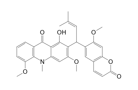 3,5-DIMETHOXY-1-HYDROXY-10-METHYL-2-[1''-(7'-METHOXY-2'-OXO-2H-CHROMEN-6'-YL)-3''-METHYL-2''-BUTENYL]-9(10H)-ACRIDINONE