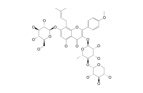 8-PRENYL-KAEMPFEROL-4'-METHYLETHER-3-O-[ALPHA-D-XYLOPYRANOSYL-(1->4)-ALPHA-L-RHAMNOPYRANOSIDE]-7-O-BETA-D-GLUCOPYRANOSIDE