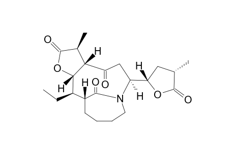 #1;STEMONATUBERONE-A;(REL)-(3S*,3AS*,6S*,12R*,13R*,13AS*)-13-ETHYL-3-METHYL-6-[(2S*,4S*)-4-METHYL-5-OXO-TETRAHYDROFURAN-2-YL]-DECAHYDRO-2H-7,12-METHANOFURO-[3,