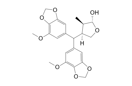 (-)-1,2-TRANS-2,3-CIS-2-METHYL-3-[BIS-(5-METHOXY-3,4-METHYLENEDIOXYPHENYL)-METHYL]-TETRAHYDROFURAN-1-OL