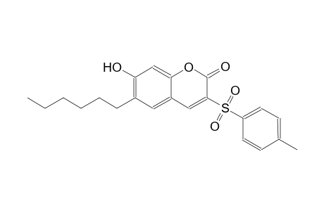 2H-1-benzopyran-2-one, 6-hexyl-7-hydroxy-3-[(4-methylphenyl)sulfonyl]-