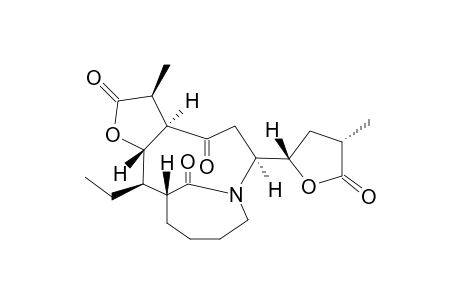 #3;STEMONATUBERONE-C;(REL)-(3S*,3AR*,6S*,12R*,13R*,13AS*)-13-ETHYL-3-METHYL-6-[(2S*,4S*)-4-METHYL-5-OXO-TETRAHYDROFURAN-2-YL]-DECAHYDRO-2H-7,12-METHANOFURO-[3,