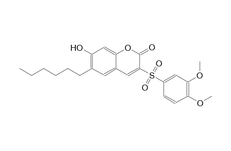 2H-1-benzopyran-2-one, 3-[(3,4-dimethoxyphenyl)sulfonyl]-6-hexyl-7-hydroxy-