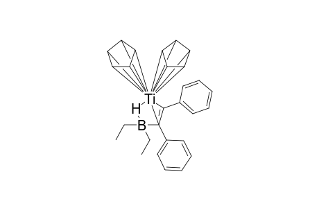 (Biscyclopentadienyltitanium)(bisphenylethenyl)(.mu.-hydro)(diethylboronium) complex