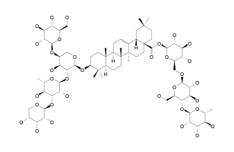 #1;CLEMATIUNICINOSIDE-A;3-O-BETA-D-RIBOPYRANOSYL-(1->3)-ALPHA-L-RHAMNOPYRANOSYL-(1->2)-[BETA-D-GLUCOPYRANOSYL-(1->4)]-ALPHA-L-ARABINOPYRANOSYL-OLEAN-12-EN-28-O