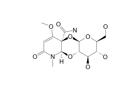 EPIACALYPHIN-AMIDE-CYCLOSIDE;(+)-(5R,6R)-5-CARBAMOYL-6,5-(2',1'-O-BETA-D-GLUCOPYRANOSYLOXY)-4-METHOXY-1-METHYL-2-(5,6-DIHYDRO)-PYRIDONE