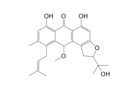 KENGANTHRANOL_C;(+)-1,8-DIHYDROXY-3,4-[2-(1-HYDROXY-1-METHYLETHYL)-DIHYDROFURANO]-6-METHYL-10-METHOXY-5-(3,3-DIMETHYLALLYL)-ANTHRONE